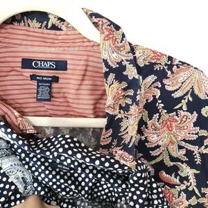 2 Chaps Womens 1X No Iron Button Down Shirt Paisley Polka‎ Dot Navy Blue Cotton